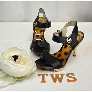 Michael Kors Black Leather Tortoise Shell Gold Stiletto Sandals Heels Womens